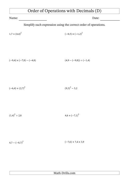 The Order of Operations with Negative and Positive Decimals (Two Steps; Comma Decimal Format) (D) Math Worksheet