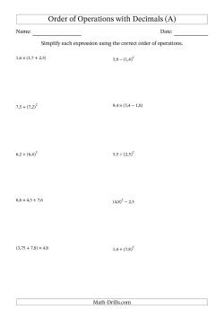 order of operations worksheets