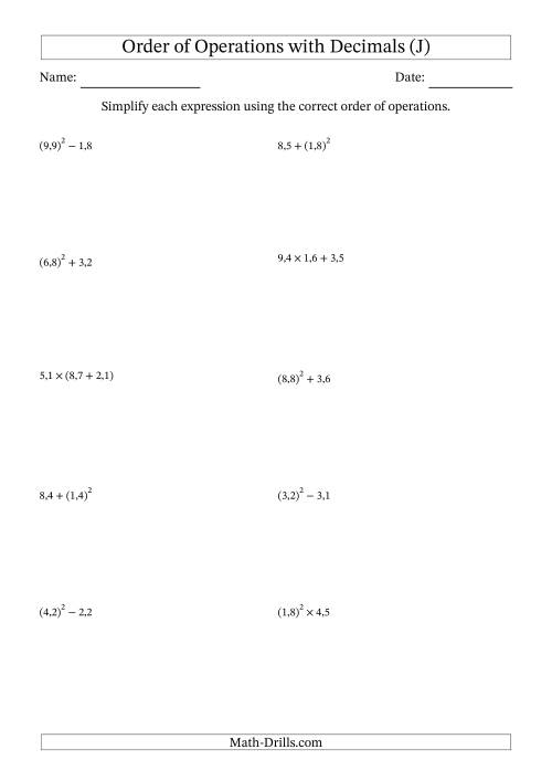 The Order of Operations with Positive Decimals (Two Steps; Comma Decimal Format) (J) Math Worksheet