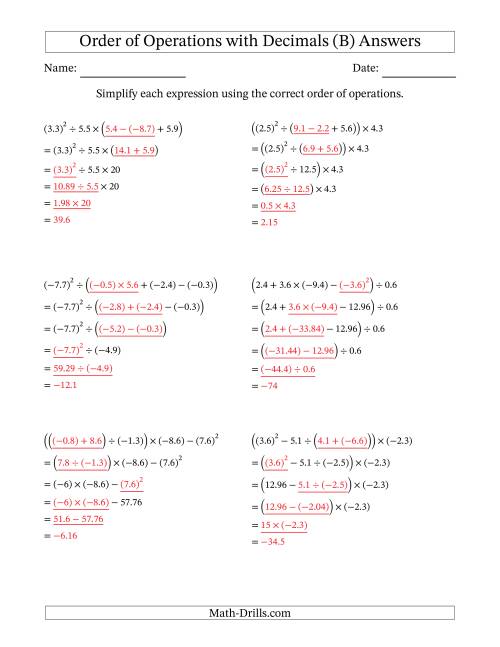 The Order of Operations with Negative and Positive Decimals (Five Steps) (B) Math Worksheet Page 2