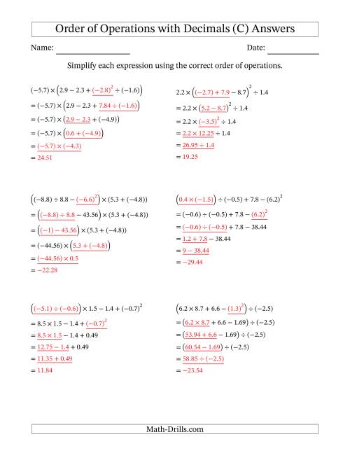 The Order of Operations with Negative and Positive Decimals (Five Steps) (C) Math Worksheet Page 2