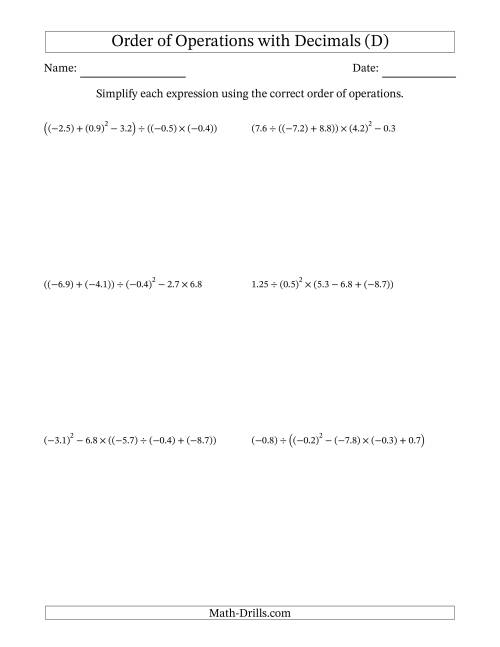 The Order of Operations with Negative and Positive Decimals (Five Steps) (D) Math Worksheet