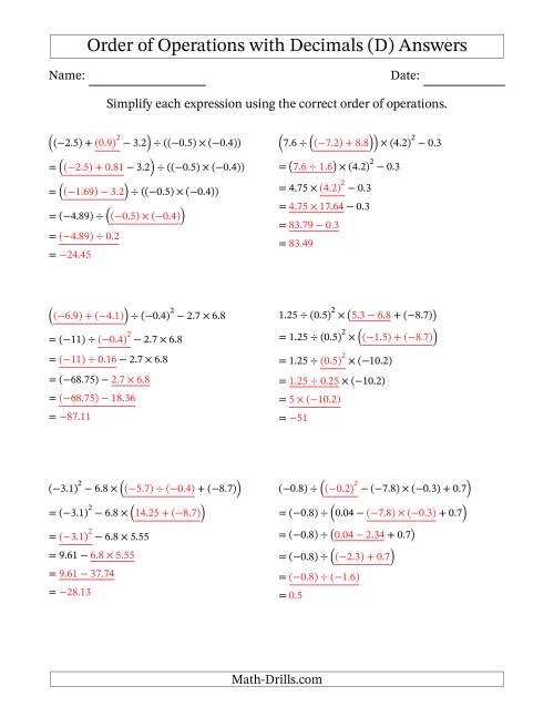 The Order of Operations with Negative and Positive Decimals (Five Steps) (D) Math Worksheet Page 2