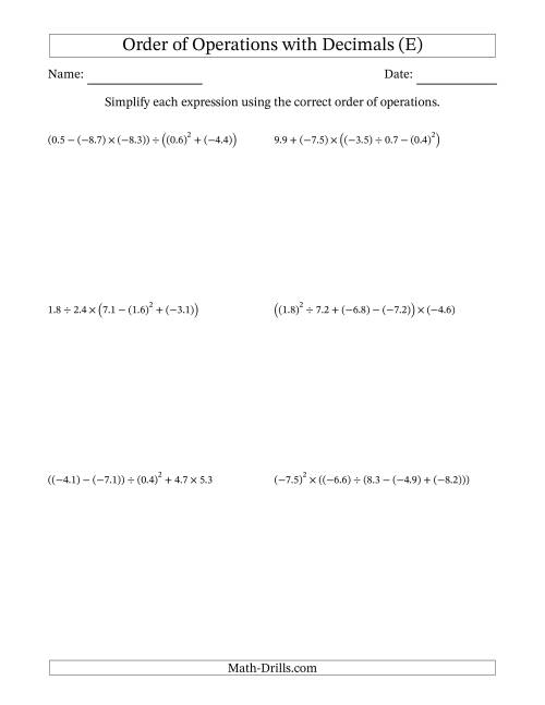 The Order of Operations with Negative and Positive Decimals (Five Steps) (E) Math Worksheet