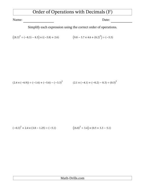 The Order of Operations with Negative and Positive Decimals (Five Steps) (F) Math Worksheet