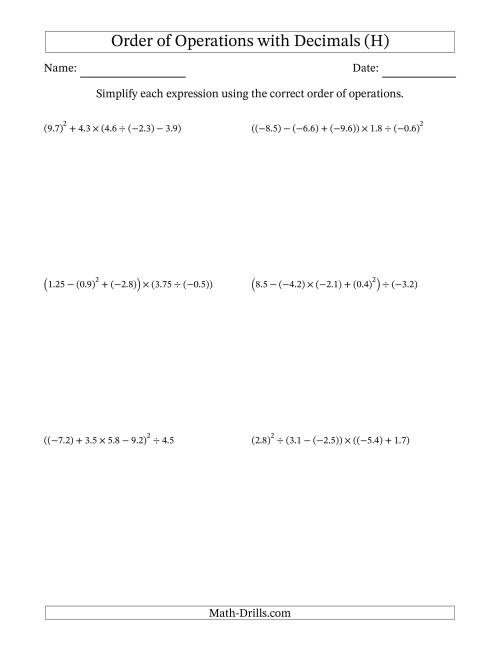 The Order of Operations with Negative and Positive Decimals (Five Steps) (H) Math Worksheet