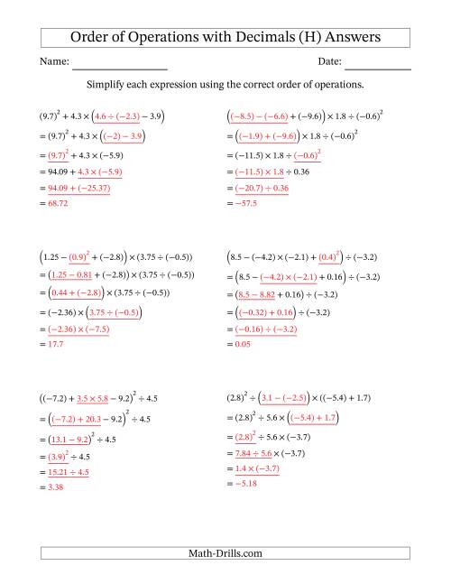 The Order of Operations with Negative and Positive Decimals (Five Steps) (H) Math Worksheet Page 2