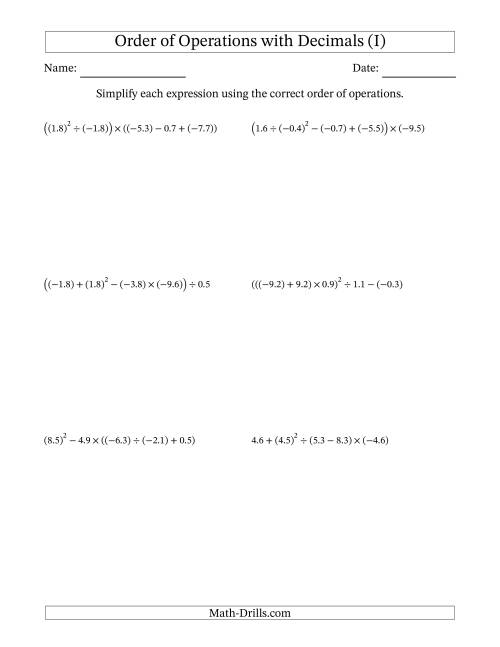 The Order of Operations with Negative and Positive Decimals (Five Steps) (I) Math Worksheet