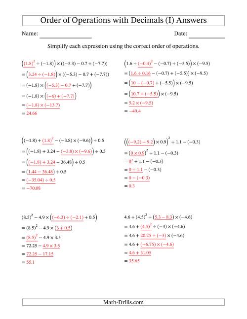 The Order of Operations with Negative and Positive Decimals (Five Steps) (I) Math Worksheet Page 2