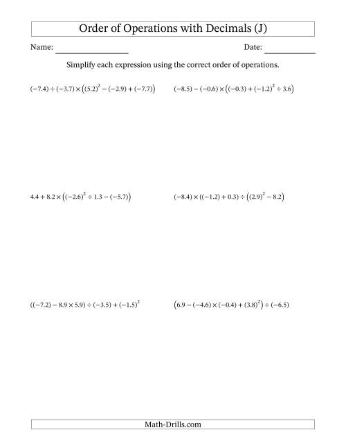 The Order of Operations with Negative and Positive Decimals (Five Steps) (J) Math Worksheet