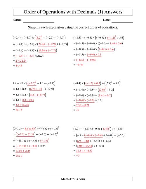 The Order of Operations with Negative and Positive Decimals (Five Steps) (J) Math Worksheet Page 2