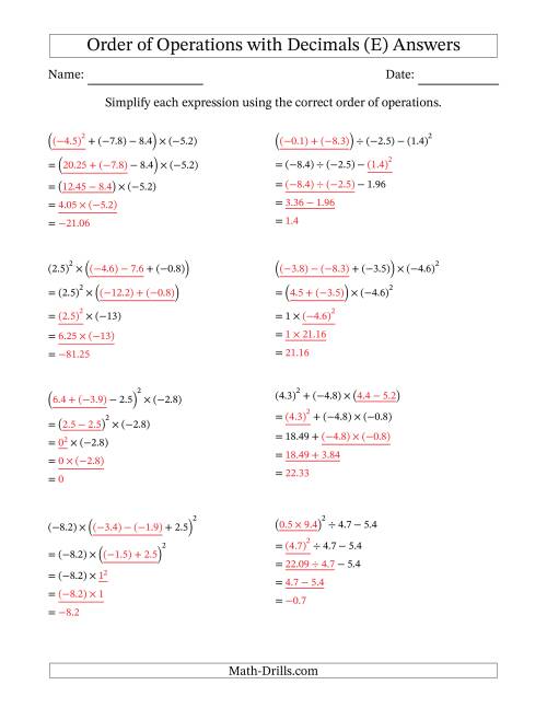 The Order of Operations with Negative and Positive Decimals (Four Steps) (E) Math Worksheet Page 2
