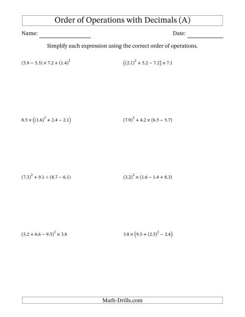 The Order of Operations with Positive Decimals (Four Steps) (A) Math Worksheet