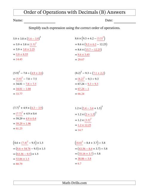 Order of Operations with Positive Decimals (Four Steps) (B)