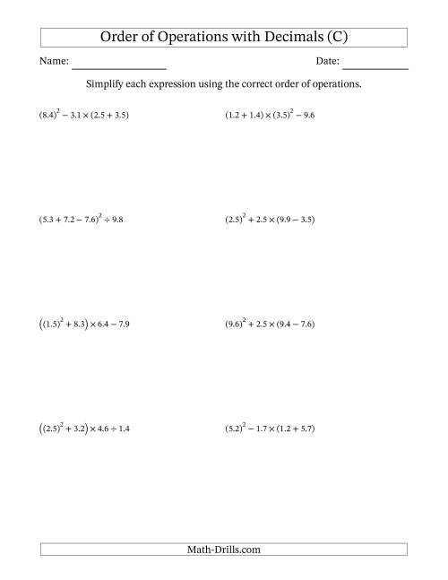 The Order of Operations with Positive Decimals (Four Steps) (C) Math Worksheet
