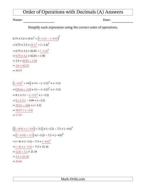 The Order of Operations with Negative and Positive Decimals (Six Steps) (A) Math Worksheet Page 2