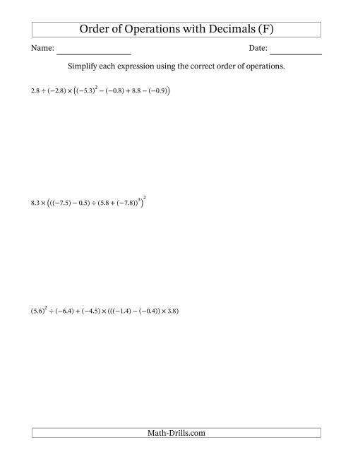 The Order of Operations with Negative and Positive Decimals (Six Steps) (F) Math Worksheet