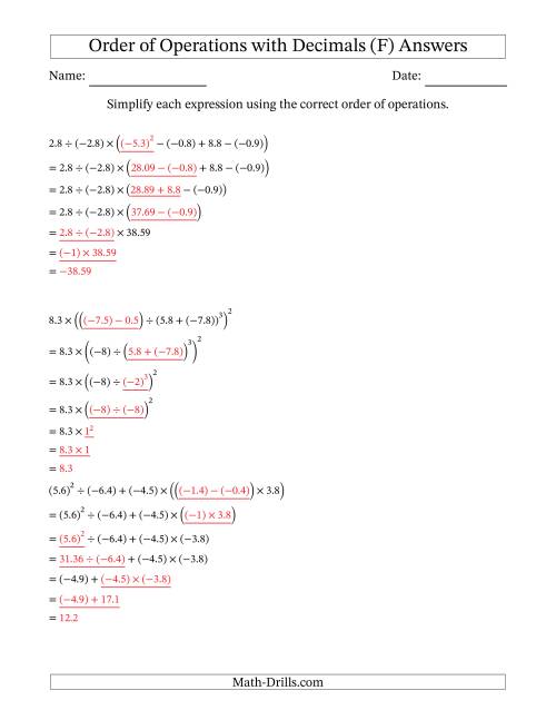 The Order of Operations with Negative and Positive Decimals (Six Steps) (F) Math Worksheet Page 2
