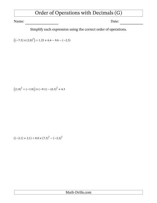 The Order of Operations with Negative and Positive Decimals (Six Steps) (G) Math Worksheet