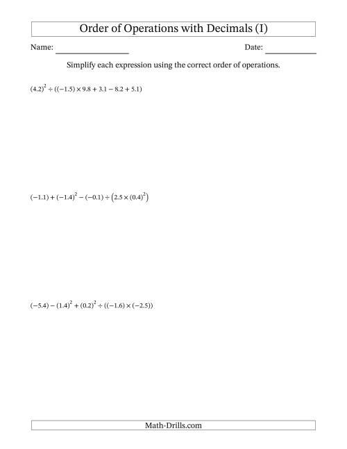 The Order of Operations with Negative and Positive Decimals (Six Steps) (I) Math Worksheet