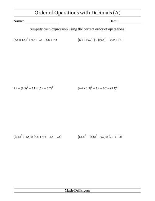 The Order of Operations with Positive Decimals (Six Steps) (A) Math Worksheet