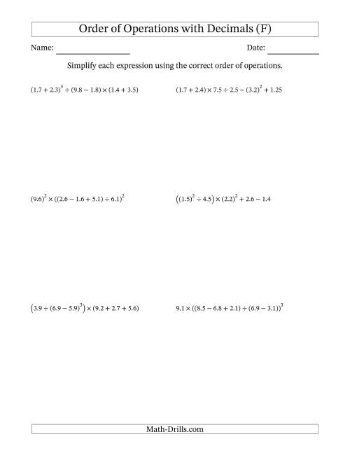 The Order of Operations with Positive Decimals (Six Steps) (F) Math Worksheet