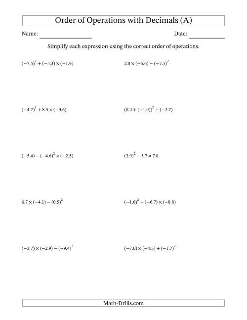The Order of Operations with Negative and Positive Decimals (Three Steps) (A) Math Worksheet