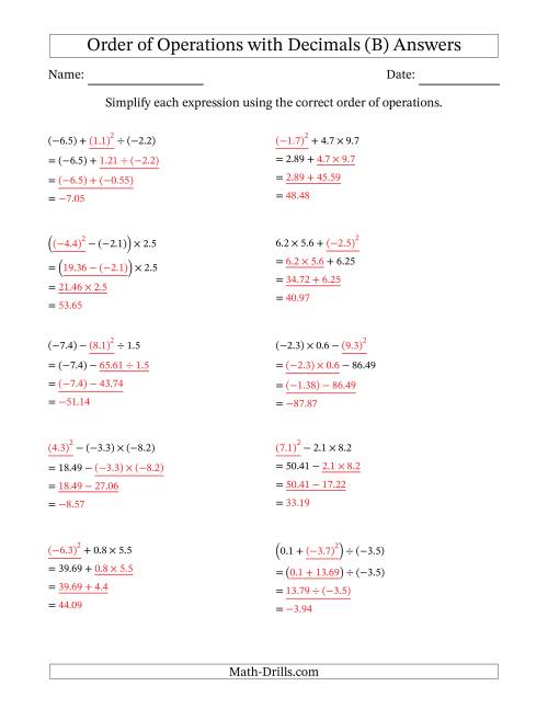 Order of Operations with Negative and Positive Decimals (Three Steps) (B)