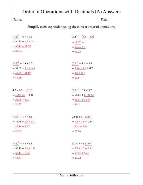 The Order of Operations with Positive Decimals (Three Steps) (A) Math Worksheet Page 2