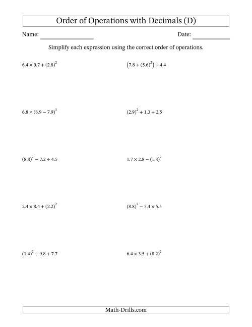 The Order of Operations with Positive Decimals (Three Steps) (D) Math Worksheet