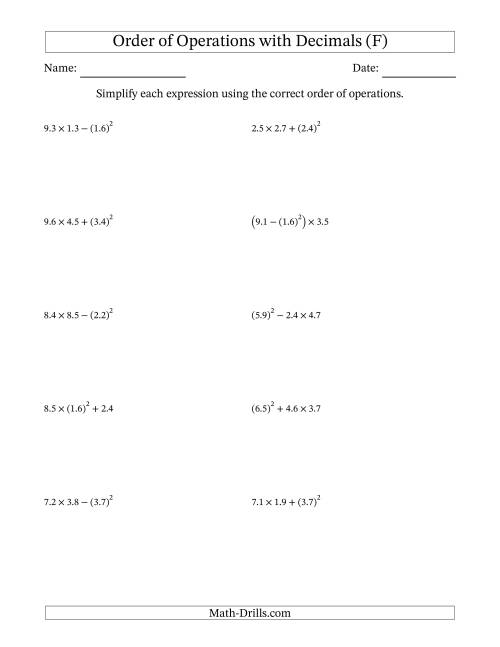 The Order of Operations with Positive Decimals (Three Steps) (F) Math Worksheet