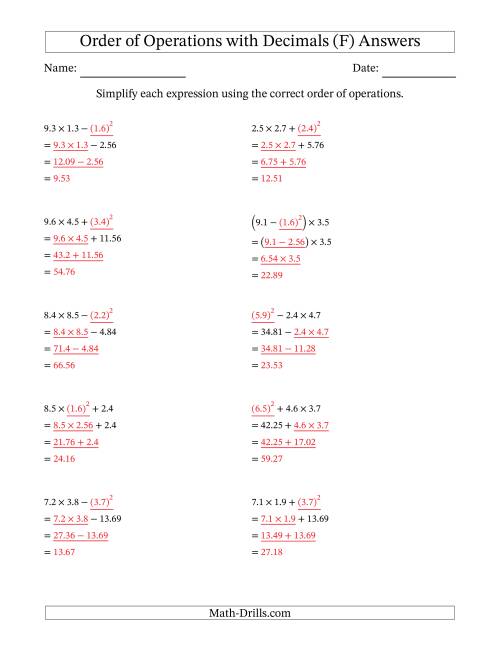 The Order of Operations with Positive Decimals (Three Steps) (F) Math Worksheet Page 2