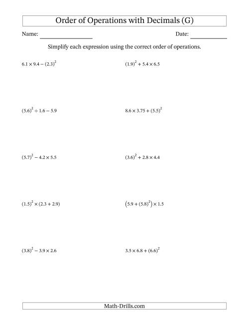 The Order of Operations with Positive Decimals (Three Steps) (G) Math Worksheet