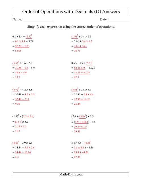 The Order of Operations with Positive Decimals (Three Steps) (G) Math Worksheet Page 2