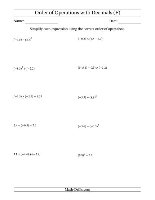 The Order of Operations with Negative and Positive Decimals (Two Steps) (F) Math Worksheet