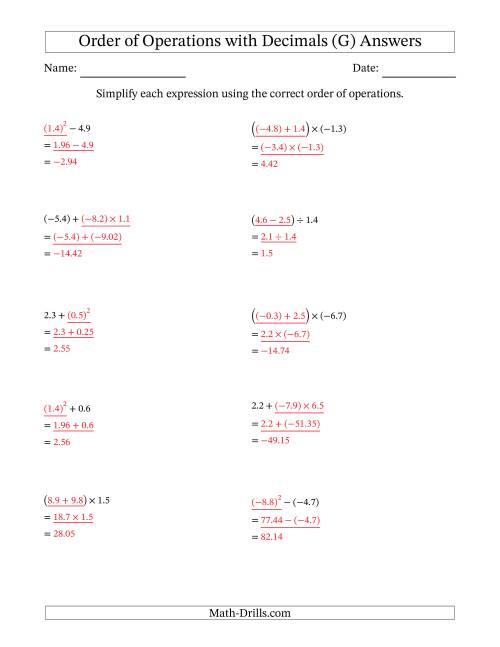The Order of Operations with Negative and Positive Decimals (Two Steps) (G) Math Worksheet Page 2