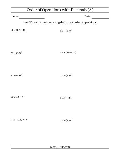 The Order of Operations with Positive Decimals (Two Steps) (A) Math Worksheet