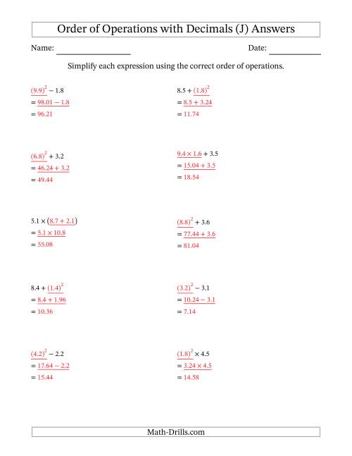 The Order of Operations with Positive Decimals (Two Steps) (J) Math Worksheet Page 2