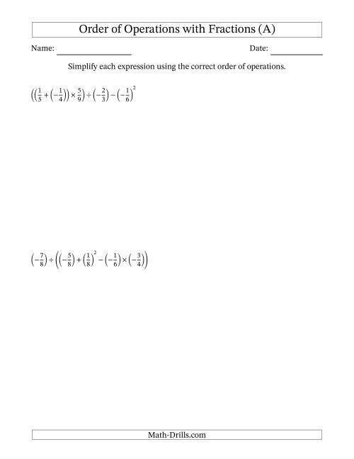 The Order of Operations with Negative and Positive Fractions (Five Steps) (A) Math Worksheet