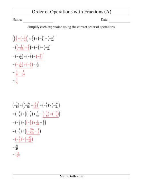 The Order of Operations with Negative and Positive Fractions (Five Steps) (A) Math Worksheet Page 2