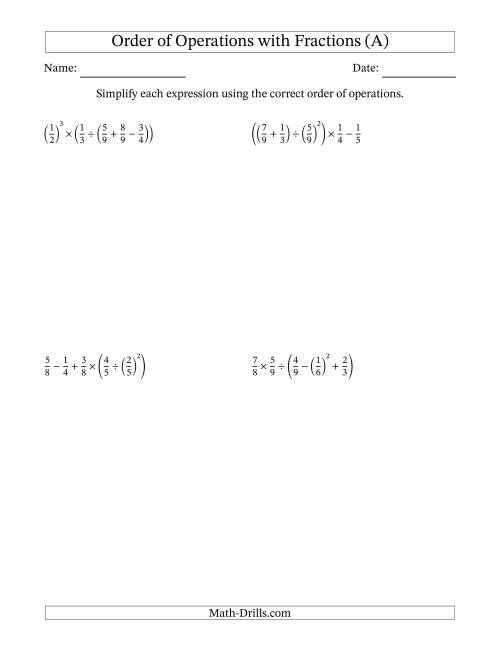 The Order of Operations with Positive Fractions (Five Steps) (A) Math Worksheet