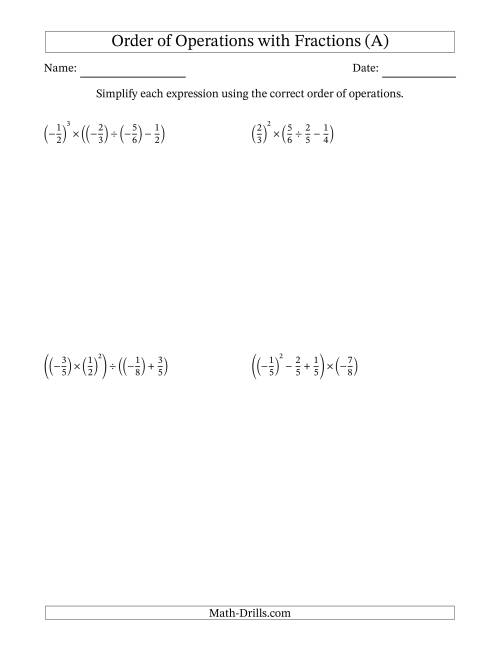 The Order of Operations with Negative and Positive Fractions (Four Steps) (A) Math Worksheet