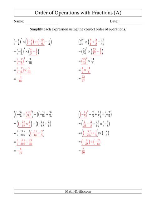 The Order of Operations with Negative and Positive Fractions (Four Steps) (A) Math Worksheet Page 2