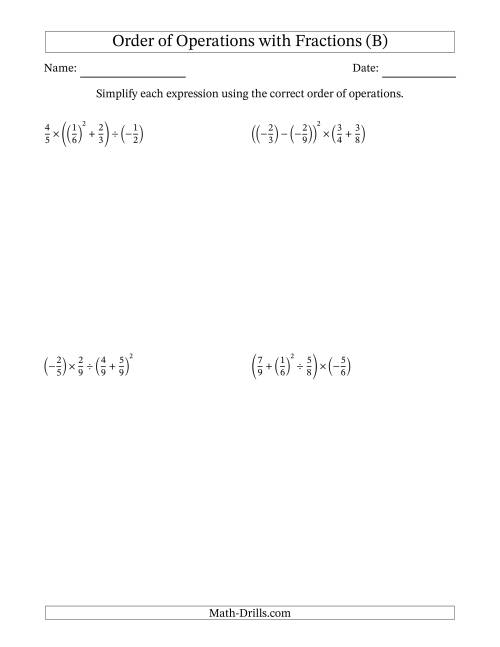 The Order of Operations with Negative and Positive Fractions (Four Steps) (B) Math Worksheet