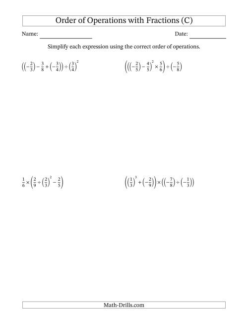 The Order of Operations with Negative and Positive Fractions (Four Steps) (C) Math Worksheet