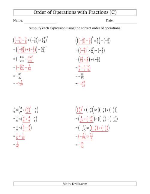 The Order of Operations with Negative and Positive Fractions (Four Steps) (C) Math Worksheet Page 2