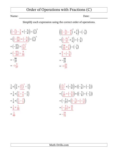 Order of Operations with Negative and Positive Fractions (Four Steps) (C)