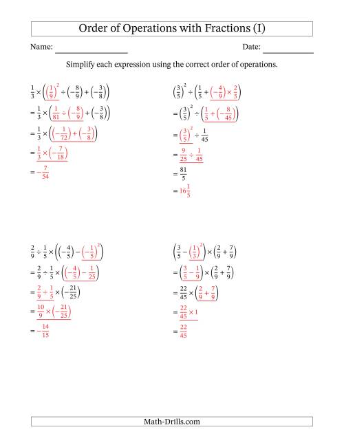 Order of Operations with Negative and Positive Fractions (Four Steps) (I)