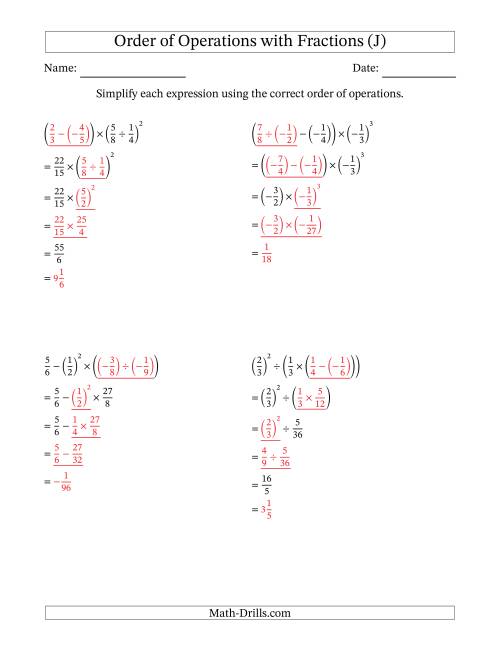 The Order of Operations with Negative and Positive Fractions (Four Steps) (J) Math Worksheet Page 2
