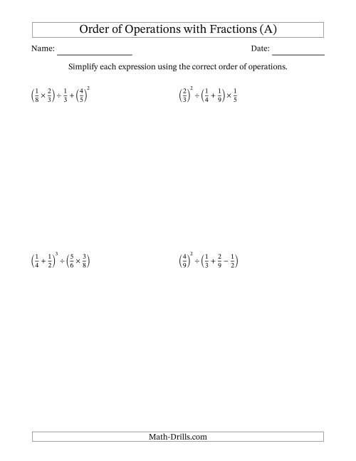 The Order of Operations with Positive Fractions (Four Steps) (A) Math Worksheet
